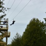 people ziplining from platform