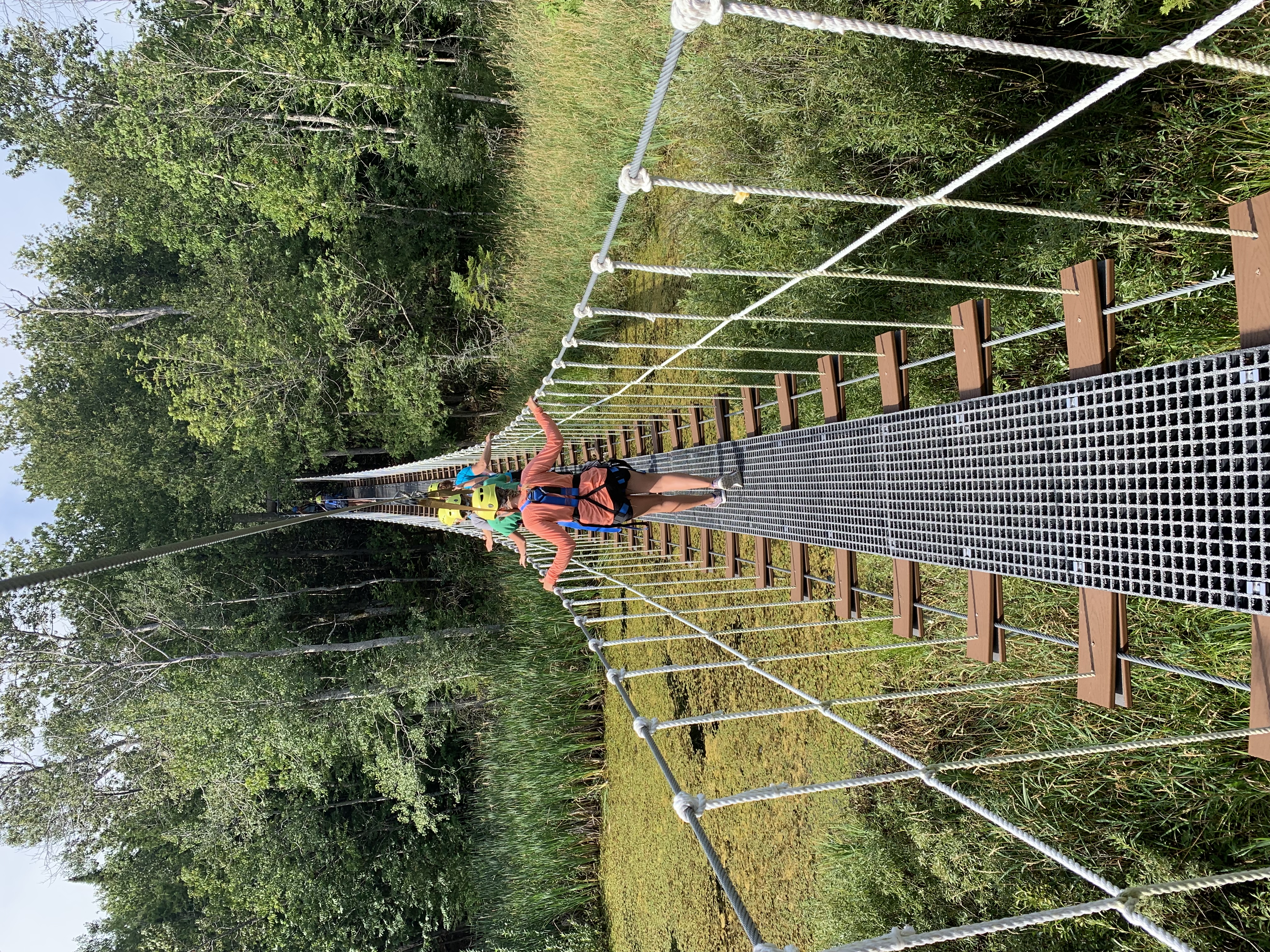 crossing suspension bridge in door county forests